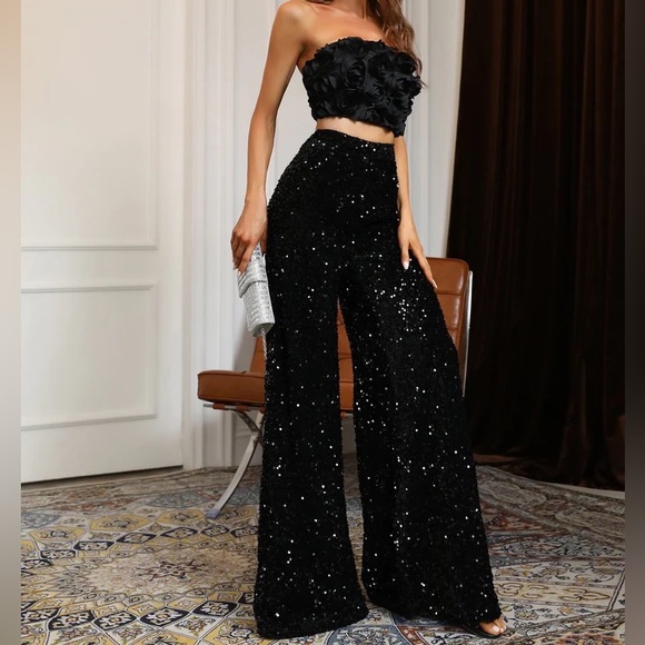 Luxury Black Sequin Two Piece Set 3D Flower Top Prom Jumpsuits 2023 - Picture 6 of 7